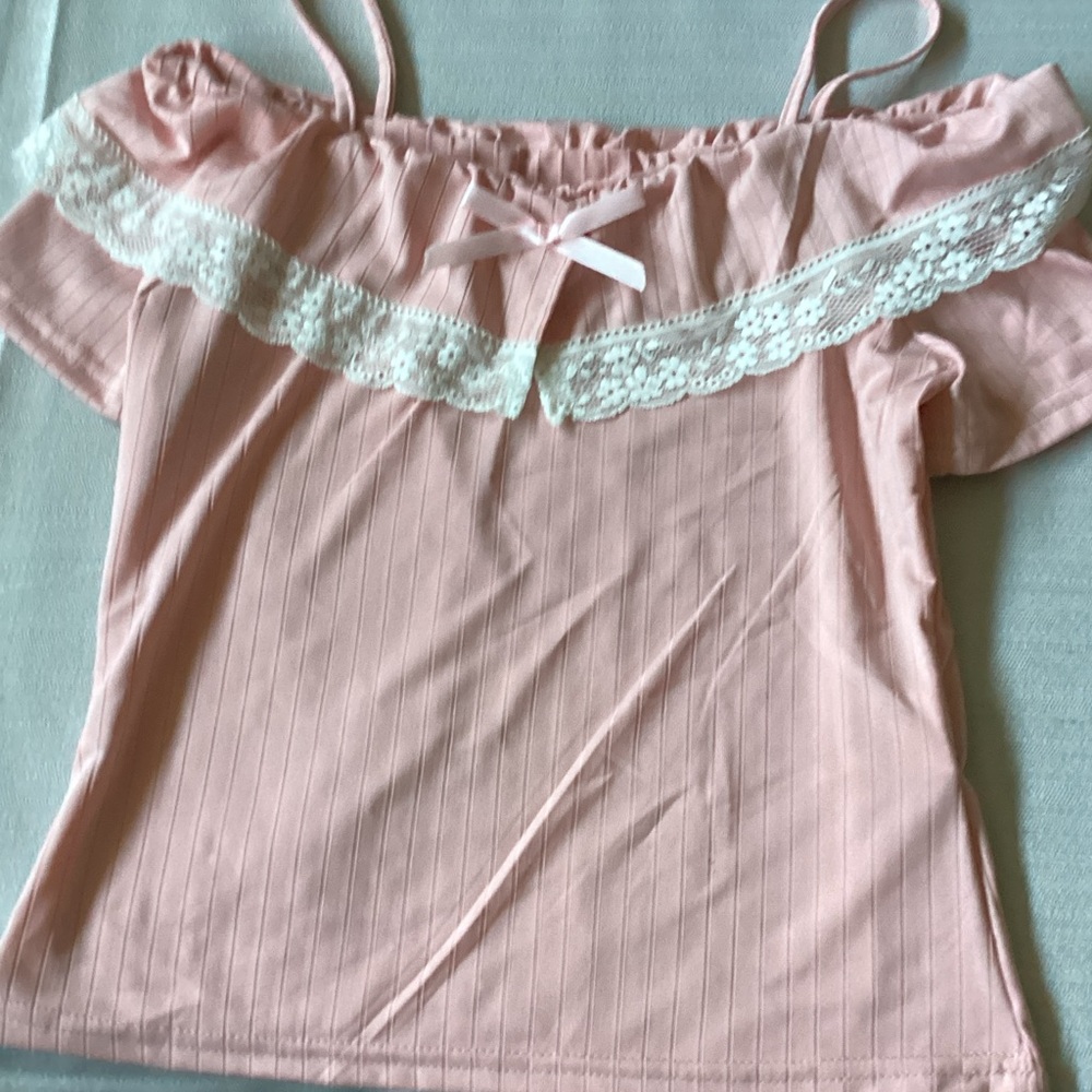 Pink Off-Shoulder Top with Lace Trim light pink in color no tags